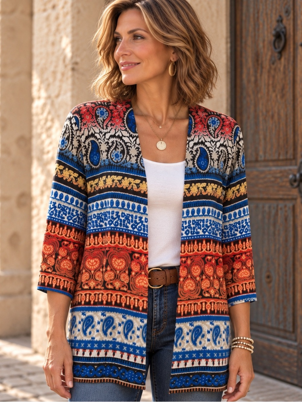 Chico’s Linen Cotton Cardigan Paisley Tribal Boho Lightweight Open Front 3 XL